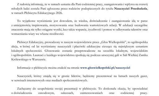 Zdjęcie do Nominacja do Nagrody w Plebiscycie Edukacyjnym 2026 dla pani Dominiki Woźniak