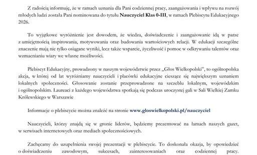 Zdjęcie do Nominacja do Nagrody w Plebiscycie Edukacyjnym 2026 dla pani Anny Baranieckiej