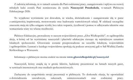 Zdjęcie do Nominacja do Nagrody w Plebiscycie Edukacyjnym 2026 dla pani Doroty Malczyk