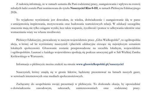 Zdjęcie do Nominacja do Nagrody w Plebiscycie Edukacyjnym 2026 dla pani Katarzyny Tylman- Wr&oacute;bel