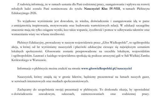 Zdjęcie do Nominacja do Nagrody w Plebiscycie Edukacyjnym 2026 dla pani Marzeny Kozłowskiej
