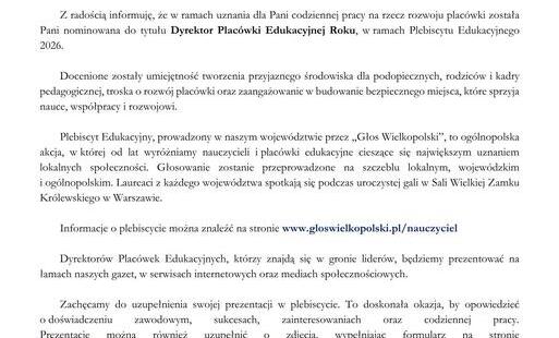 Zdjęcie do Nominacja do Nagrody w Plebiscycie Edukacyjnym 2026 dla pani Marioli Brorzyńskiej