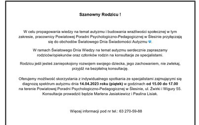 Zdjęcie do W ramach Światowego Dnia Wiedzy na temat autyzmu Powiatowa Poradnia Psychologiczno-Pedagogiczna w Ślesinie zaprasza na konsultacje ze specjalistami